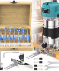 Powerful Compact Wood Router Tool 800W 30000 RPM Workhorse with collets and 15-piece tungsten carbide bit set