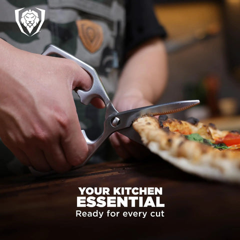 Ambidextrous Japanese Stainless Steel Kitchen Scissors For Spatchcocking Chicken, Trimming Fat, And Breaking Down Poultry, Also Great For Pizza, Flatbread, Herbs, Quesadillas, And Quick Package Opening, Detachable For Easy Cleaning. Close-up cutting pizza.
