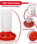 Automatic Chick Feeder And Waterer Set No Waste Brooder Kit For Baby Chicks Ducks And Quail Includes One Liter Drink Dispenser And One Kilo Feed Hopper showing feeder with red base and no-waste openings.