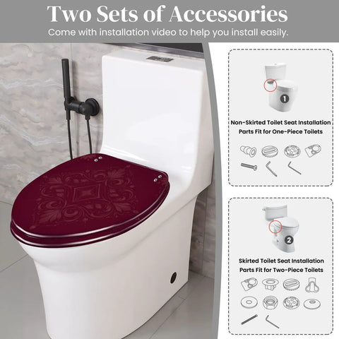 Toilet Seat Elongated Resin for Bathroom with accessory options for skirted and non-skirted toilets.