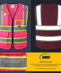 Lit Hi Vis Safety Vest For Men And Women In Hot Pink, Slick Zip Up Front, Built In Utility Pockets, Ultra Breathable Mesh Fabric, And Extra Wide Reflective Strips That Hit Ansi Standards For Xl Fit shown from the front and back, featuring utility pockets and reflective strips.
