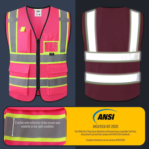 Lit Hi Vis Safety Vest For Men And Women In Hot Pink, Slick Zip Up Front, Built In Utility Pockets, Ultra Breathable Mesh Fabric, And Extra Wide Reflective Strips That Hit Ansi Standards For Xl Fit shown from the front and back, featuring utility pockets and reflective strips.
