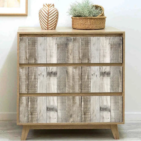 Light Gray Wood Peel And Stick Wallpaper 17.7 Inch By 393.7 Inch 48.4 Sq Ft Roll Self Adhesive Distressed Wood Plank Texture on Dresser