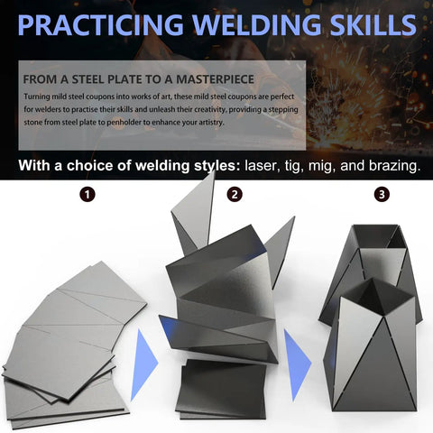 Coupons Included No Frills Welding Practice Kit showing three stages of steel pen holder assembly with mild steel sheets