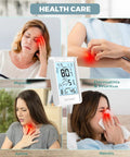Digital health care thermometer displaying temperature and humidity, surrounded by images showing migraines, dermatitis, asthma, and rhinitis.