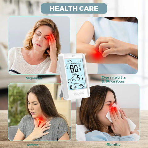 Digital health care thermometer displaying temperature and humidity, surrounded by images showing migraines, dermatitis, asthma, and rhinitis.
