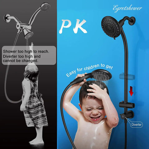 Child using Handheld Showerhead And Rain Shower Combo with 27.5 Inch Drill-Free Stainless Steel Slide Bar 5-Setting Shower Head.