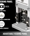 Adjustable feeding panel of Manual Wire Stripping Tool With Hand Crank Portable Aluminum Frame For Scrap Copper Recycling 0.06 To 0.98 Inch Wire Size Range Drill Compatible And Easy To Use Pro Grade Build showing various components and measurements.
