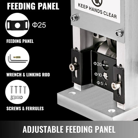 Adjustable feeding panel of Manual Wire Stripping Tool With Hand Crank Portable Aluminum Frame For Scrap Copper Recycling 0.06 To 0.98 Inch Wire Size Range Drill Compatible And Easy To Use Pro Grade Build showing various components and measurements.