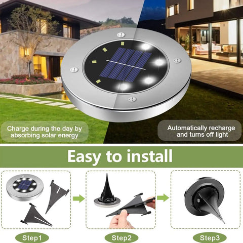 Solar Outdoor 8 LED Ground Lights For Pathway And Garden Waterproof Landscape Lights installation guide with solar disk and spikes