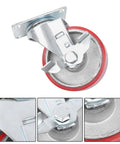 Kickass 4 Inch Caster Wheels 4 Pack With Locking Brakes, Heavy Duty Polyurethane Swivel Casters, close-up of a single caster wheel with red tread and metal bracket.