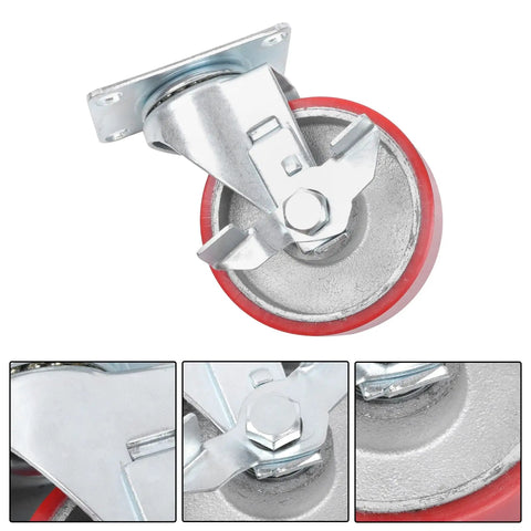 Kickass 4 Inch Caster Wheels 4 Pack With Locking Brakes, Heavy Duty Polyurethane Swivel Casters, close-up of a single caster wheel with red tread and metal bracket.