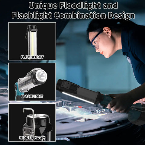 Individual using 2000 Lumen LED Work Light With 25W Flood Beam for car repairs under the hood, demonstrating product's versatility.