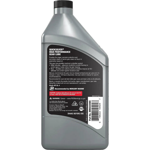 Rear view of 32 oz SAE 90 High Performance Gear Lube bottle for outboard lower units and sterndrives above 75HP, showing label details.