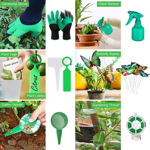 83 Piece Garden Tools Set With Dope Floral Pattern For Women, including gloves, sprayer, plant tags, butterfly stakes, and seeder displayed