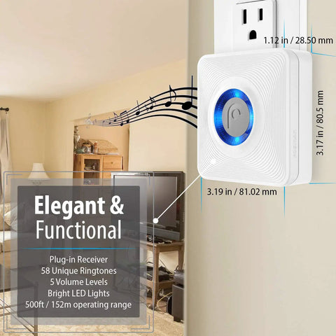 Wireless Motion Sensor Alarm System plugin receiver with LED alert, 500 ft range, installed in home living room.