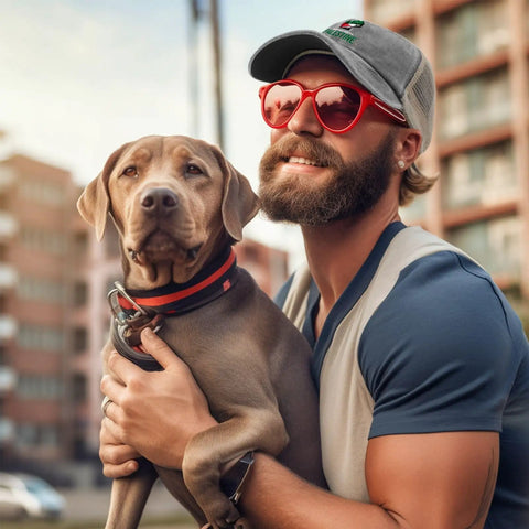 Person wearing I Stand With Palestine Dope Adjustable Trucker Hat For Women And Men Unisex Golf Style Cap holding a dog outdoors