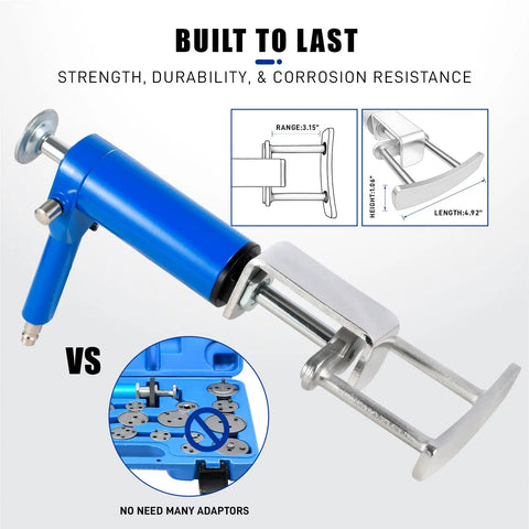 Air Operated Dual Brake Caliper Piston Compressor Tool for Quick Brake Pad Replacement with Over 180 Pounds of Pressure shown with dimensions and features.