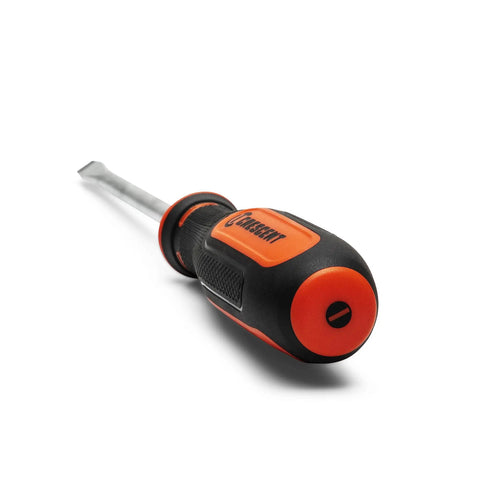 Close-up of slotted screwdriver from 4 Pc Slotted Screwdriver Set With Dual Material Ergonomic Handles Precision Machined Tips Oil And Solvent Resistant Grip Hex Bolster For Extra Torque On Bigger Sizes Durable Slotted Drivers Built For Real World Jobs with orange and black handle.
