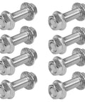 Premium 304 Stainless Steel Exhaust Manifold Hardware Kit Featuring M10x1.5 35mm Flange Bolts And Nuts, eight shiny flange bolts laid out.