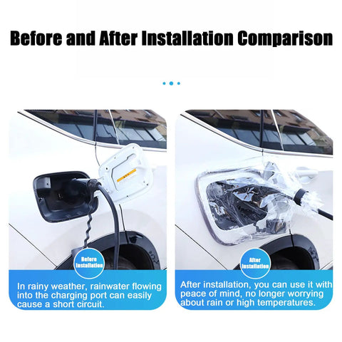 Before and after installation of Grip Tight Magnetic EV Charger Cover For Cadillac Optiq 2025 To 2026 showing protection against elements.