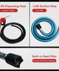 Rig Ready Electric Diesel Transfer Pump Kit With Auto Shut Off Nozzle Mechanical Meter And Long Reach Hoses showing 13ft dispensing and 6.6ft suction hoses.