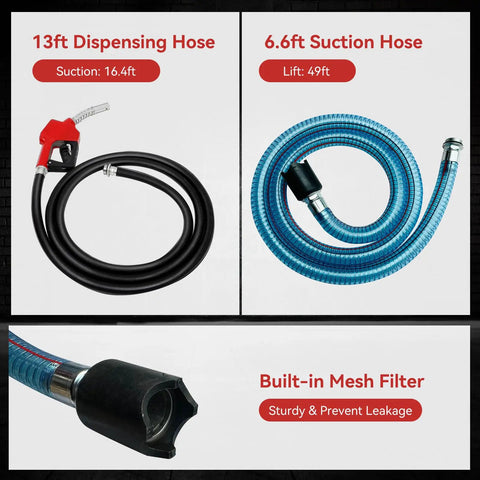 Rig Ready Electric Diesel Transfer Pump Kit With Auto Shut Off Nozzle Mechanical Meter And Long Reach Hoses showing 13ft dispensing and 6.6ft suction hoses.