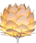 Close-up of Artichoke Design 68 Inch Tall Free Standing LED Floor Lamp With Multi Panel Wooden Shade glowing warmly