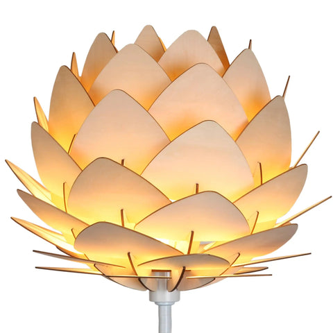 Close-up of Artichoke Design 68 Inch Tall Free Standing LED Floor Lamp With Multi Panel Wooden Shade glowing warmly