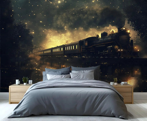 Steam Train Mural Wall Wallpaper Large Locomotive Scene For Bedroom And Living Room Industrial Retro Train Art, night view