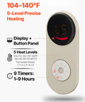 Remote control for Under Desk Rollable Foot Warmer Pad With Remote, displaying 5-level heat settings and 9-hour timer options.