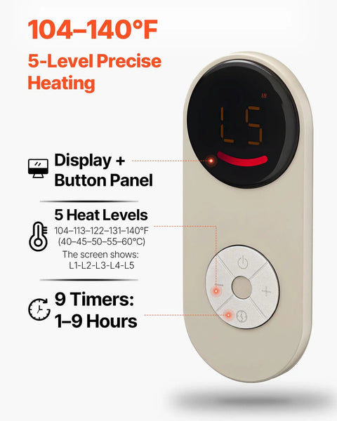 Remote control for Under Desk Rollable Foot Warmer Pad With Remote, displaying 5-level heat settings and 9-hour timer options.