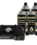 All In One Camping Stove And Fuel Kit With Four Butane Canisters, Portable Outdoor Stove For Camping, Tailgating, Backyard Barbecues, Emergency Prep, Explosion Proof RVR System with a black gas stove and four fuel canisters