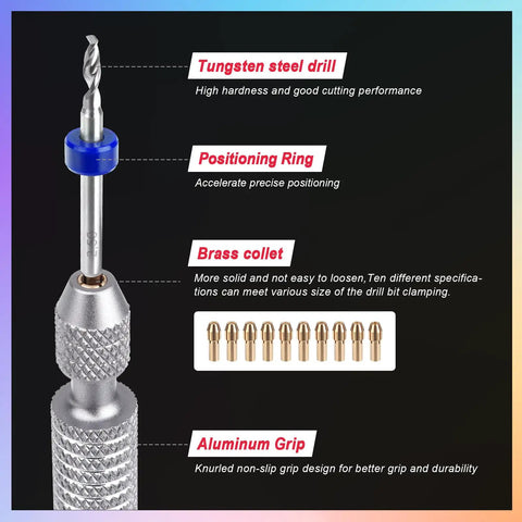 Sweet Mini Pin Vise Kit With 10 Precision Drill Bits Plus 10 Micro Chuck Collets To Totally Nail RC Repairs Wood Crafts Jewelry Making And Resin Carving Jobs Pretty Darn Slick, featuring tungsten steel drill and knurled aluminum grip.
