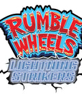 Rumble Wheels Lightning Strikers logo with bold red and blue lettering and cracked effect background design.
