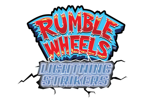Rumble Wheels Lightning Strikers logo with bold red and blue lettering and cracked effect background design.