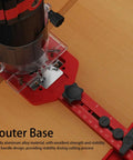 Knockout Universal Router Base Plate With Dual Handle Heavy Duty Aluminum Alloy Template Guide positioned for precise wood trimming.