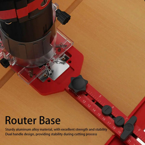 Knockout Universal Router Base Plate With Dual Handle Heavy Duty Aluminum Alloy Template Guide positioned for precise wood trimming.