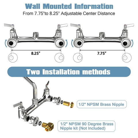 Wall Mount Commercial Kitchen Faucet With 8 Inch Center Spout, showing adjustable mounting options and brass nipples for 3 compartment sinks.