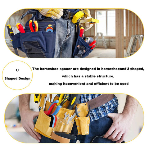 Front view of a worker wearing a blue tool belt with pockets holding pliers, screwdrivers, and tape measures.