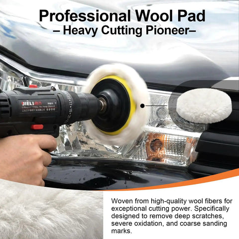 All In One Pro Grade 33 Piece 4 Inch Car Polishing Pad Kit with wool buffer on car headlight used for restoration