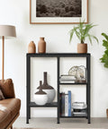 4 Tier Adjustable Kitchen Microwave Stand With Storage And Rustic Metal Bakers Rack In Coal Black in living room setting