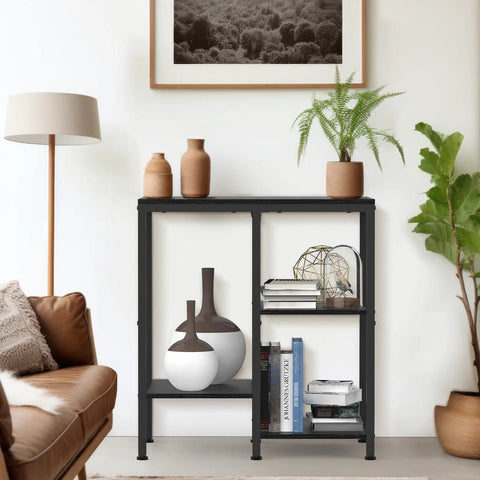 4 Tier Adjustable Kitchen Microwave Stand With Storage And Rustic Metal Bakers Rack In Coal Black in living room setting