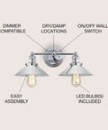 Lit Chrome 2 Light Industrial Farmhouse Vanity Light Wall Sconce with metal shade for bathroom with features labeled