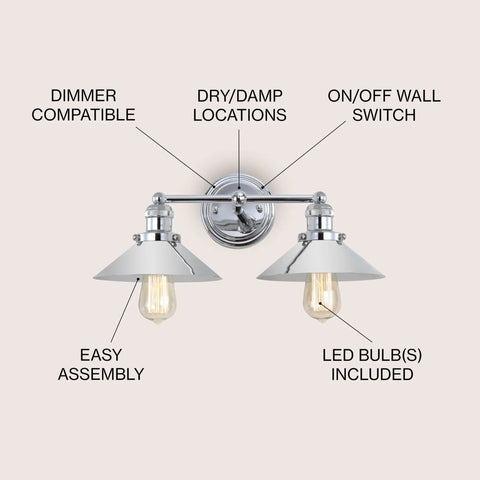 Lit Chrome 2 Light Industrial Farmhouse Vanity Light Wall Sconce with metal shade for bathroom with features labeled