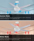 53 Inch Ceiling Fan With Lights And Remote For Bedroom And Living Room, Modern White Indoor Ceiling Fan shown in summer and winter modes.