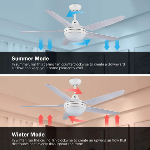53 Inch Ceiling Fan With Lights And Remote For Bedroom And Living Room, Modern White Indoor Ceiling Fan shown in summer and winter modes.