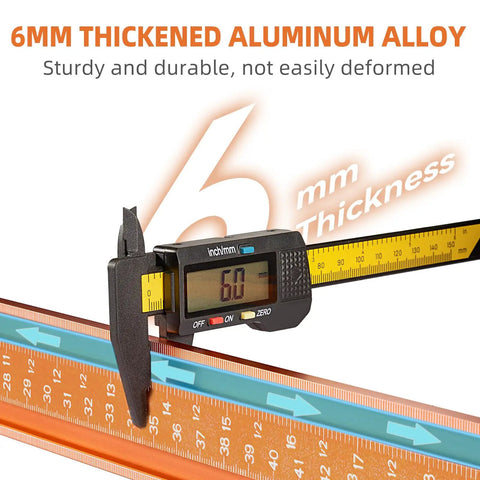 6mm thick aluminum alloy ruler showcasing precision measurement for Runs Slick 50 Inch Circular Saw Guide Rail Kit Crafted From Heavy Duty Aluminum Alloy For Flawless Straight Cuts And Precise Board Cutting That Truly Knocks It Out.