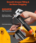 Heavy Duty 8000 PSI Grease Gun Kit With Pistol Grip, 14 Oz Capacity, 18 Inch Flex Hose, used on machinery.