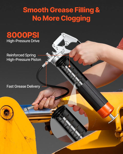 Heavy Duty 8000 PSI Grease Gun Kit With Pistol Grip, 14 Oz Capacity, 18 Inch Flex Hose, used on machinery.
